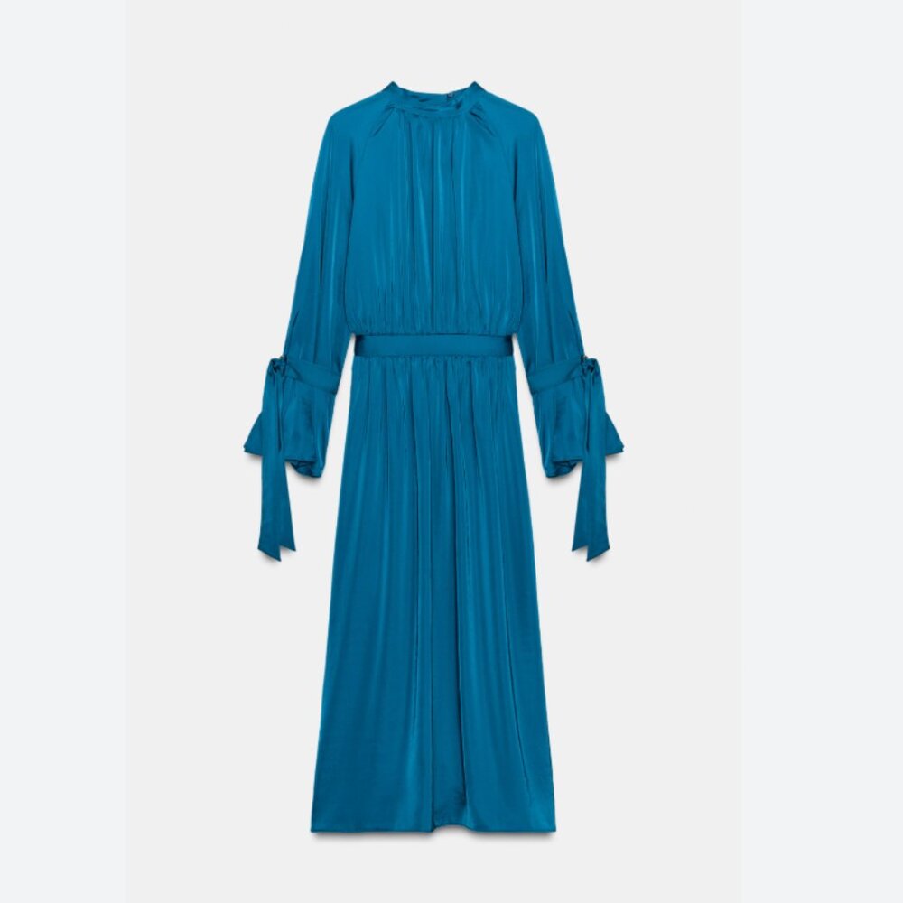 Teal Satin Midi Dress with Sleeve Bow